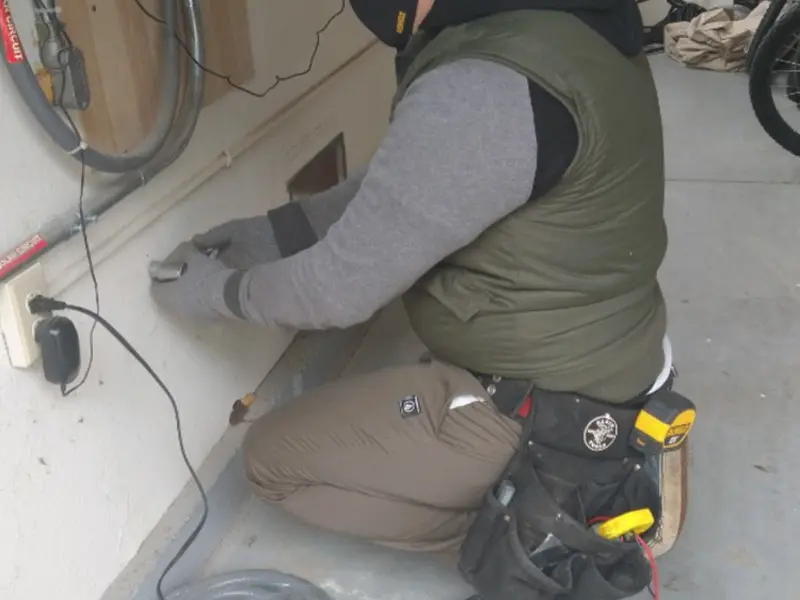Electrician performing outlet wiring in a Revere garage